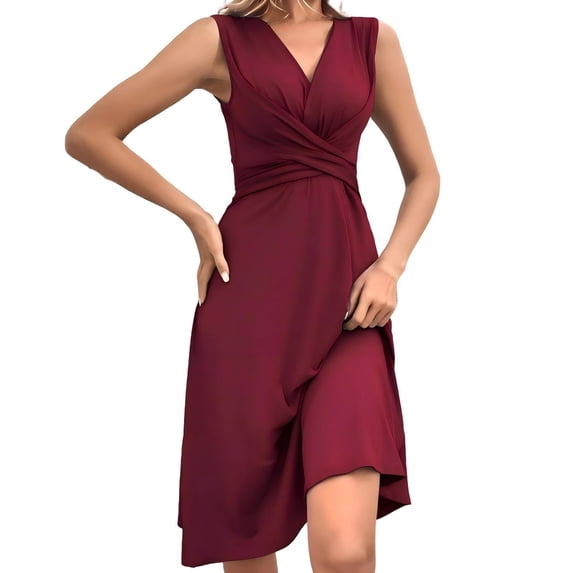 YUEVORA Women's Solid Color V-Neck Sleeveless Crisscross Waist Ruched A-Line Midi Dress for Casual and Formal Occasions