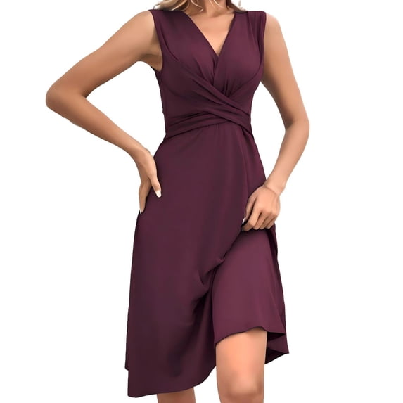 YUEVORA Women's Solid Color V-Neck Sleeveless Crisscross Waist Ruched A-Line Midi Dress for Casual and Formal Occasions