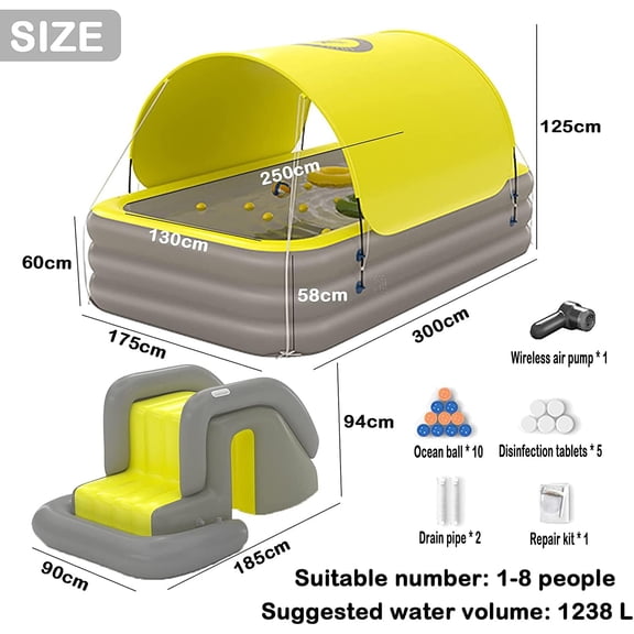 YUEWO 10ft Inflatable Swimming Pool with UPF50+ Canopy - 2.1m Blow Up Family Pool for Adults & Kids, Outdoor Backyard, Green/Yellow (Includes Slide & Ball Pit)