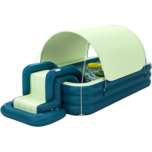YUEWO 10ft Inflatable Swimming Pool with UPF50+ Canopy - 2.6m Blow Up Family Pool for Adults & Kids, Outdoor Backyard, Green (Includes Slide & Ball Pit)