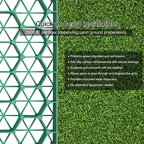 YUEWO Gravel Driveway Grid 1.9 Depth Flat-Interlocked Permeable Grass Pavers HDPE Green Plastic Shed Base for Parking Lot, Garden, Fire Lanes Cover 11 SQ.FT (1 sm), 4 Pack