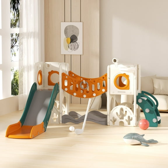 YUFU 11 In 1 Toddler Slide Set With Climbing Arch Golf for Kids Age 1+ Indoor Outdoor Playground Slide (Green＆Yellow)