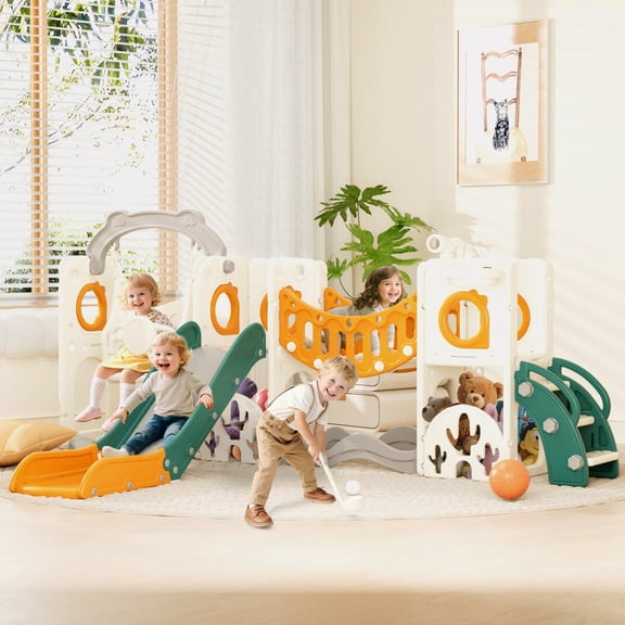 YUFU 12 In 1 Toddler Slide Swing Set, Baby Slide for Age 1+ with Climbing Arch Golf Set Swing Basketball Indoor Outdoor Playground Slide(Yellow&Green)