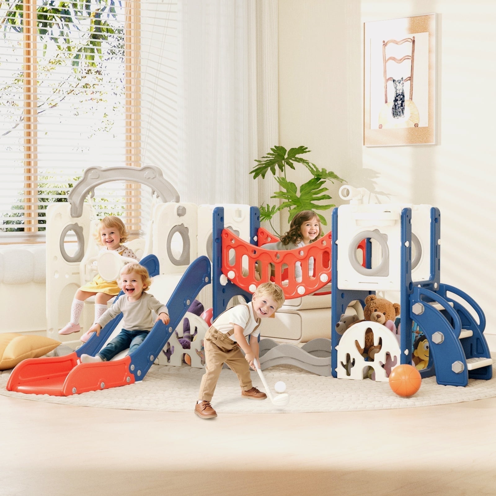 YUFU 12 In 1 Toddler Slide Swing Set, Baby Slide for Age 1+ with Climbing Arch Golf Set Swing Basketball Indoor Outdoor Playground Slide(Blue&Red)