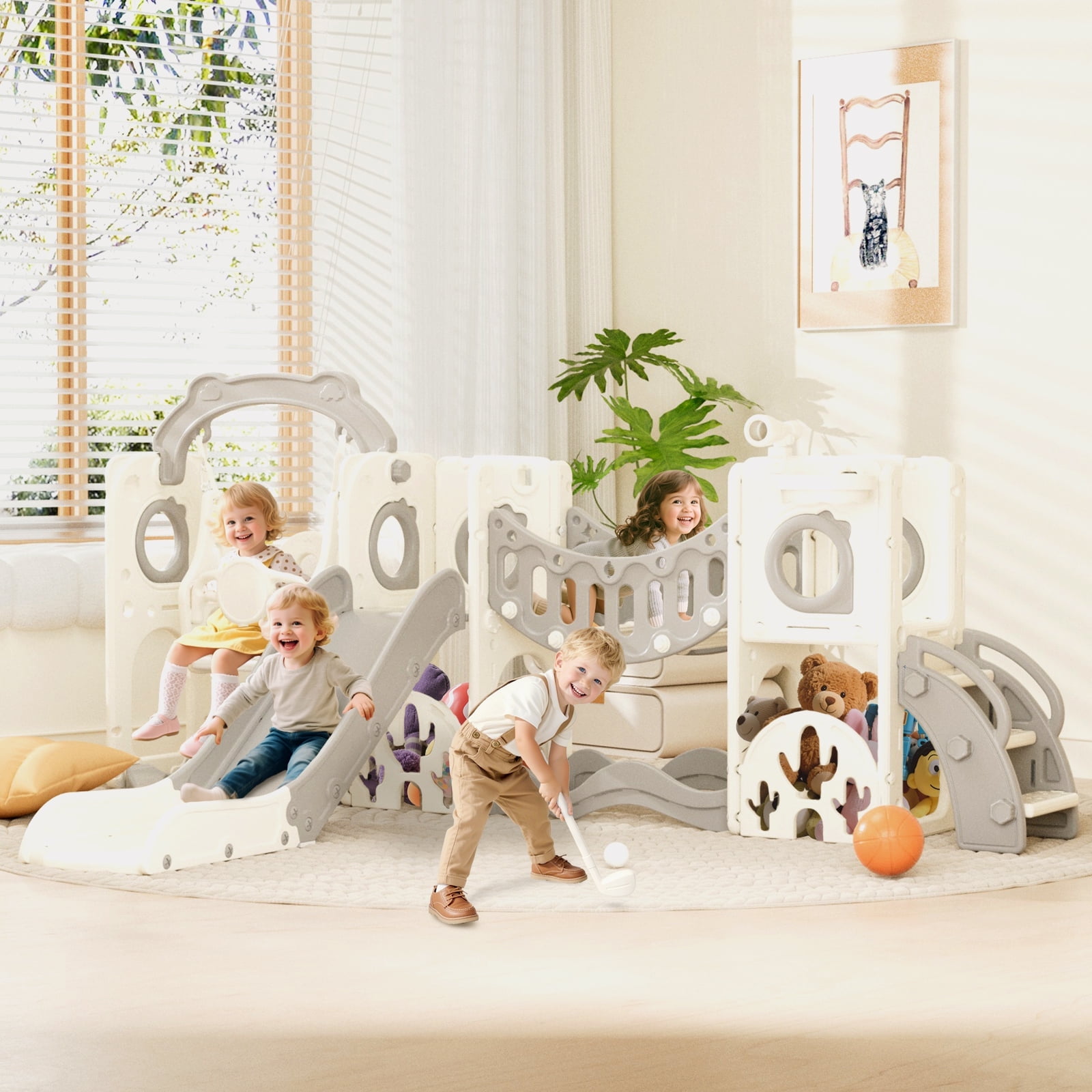 YUFU 12 In 1 Toddler Slide Swing Set, Baby Slide for Age 1+ with Climbing Arch Golf Set Swing Basketball Indoor Outdoor Playground Slide(Gray)