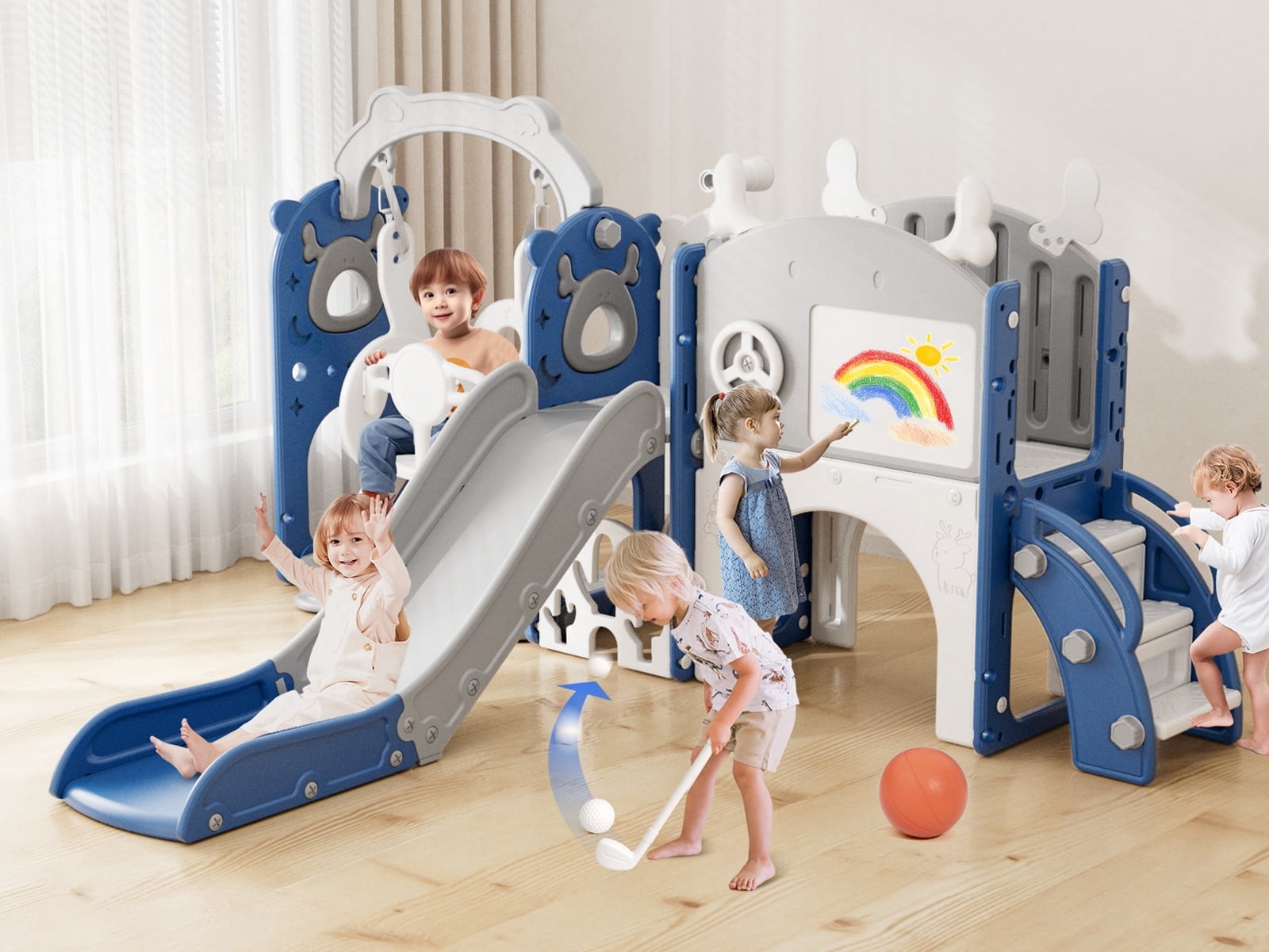 YUFU 13 in 1 Toddler Slide Swing Set with Golf Drawing Board for Indoor Outdoor Use for Kids Age 1+
