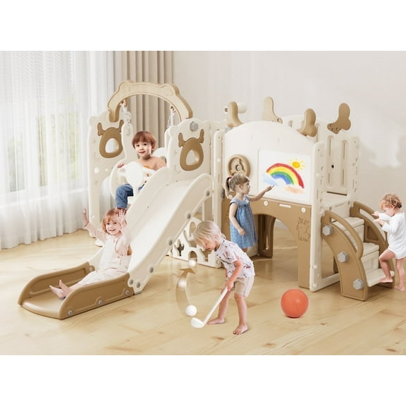 YUFU 13 in 1 Toddler Slide Swing Set with Golf Drawing Board for Indoor Outdoor Use for Kids Age 1 , Brown