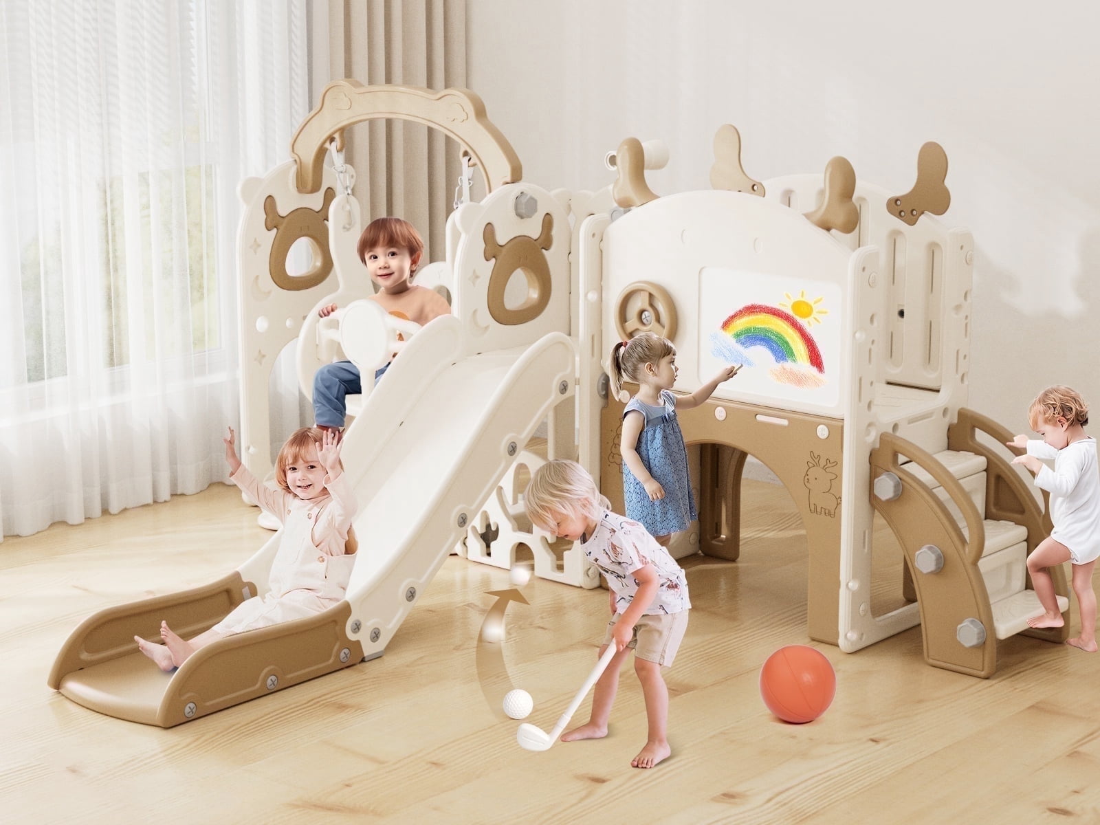 YUFU 13 in 1 Toddler Slide Swing Set with Golf Drawing Board for Indoor Outdoor Use for Kids Age 1+, Brown