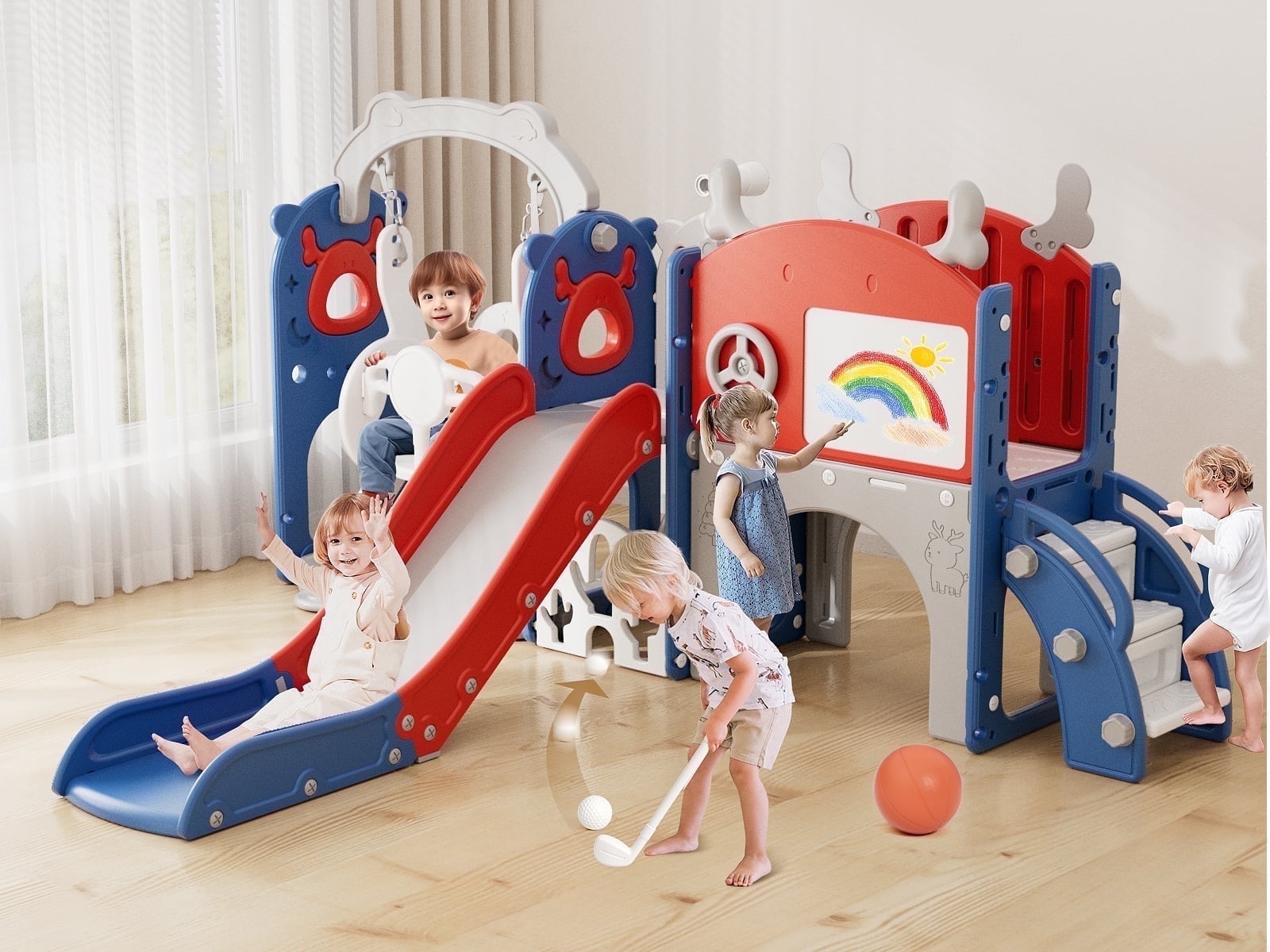 YUFU 13 in 1 Toddler Slide Swing Set with Golf Drawing Board for Indoor Outdoor Use for Kids Age 1+