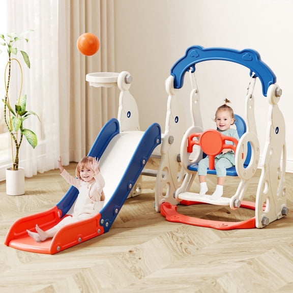 YUFU 4-in-1 Toddler Slide & Swing Set for Kids Age 1-3 with Basketball Playground Slide Indoor Outdoor Playset