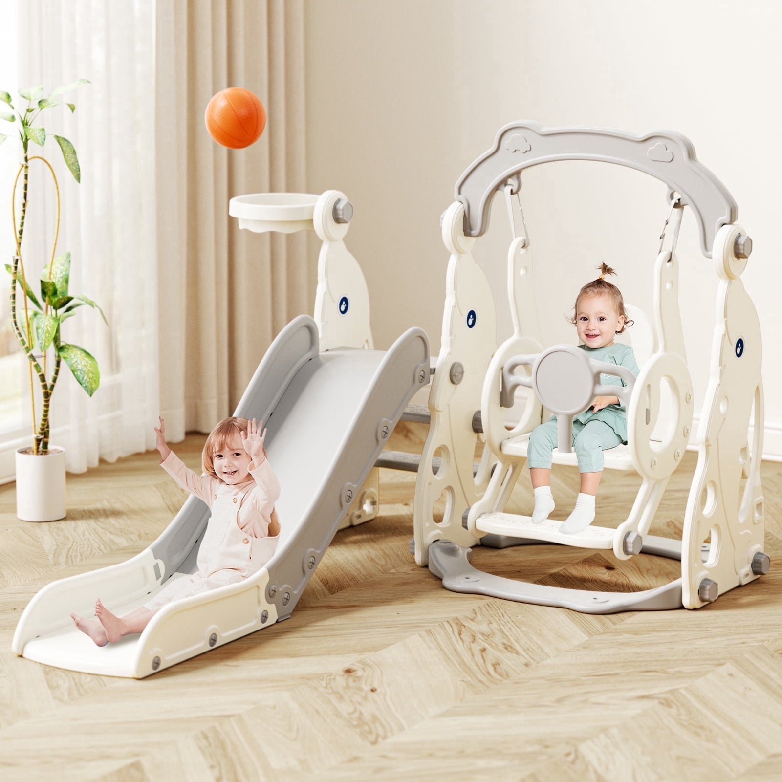 YUFU 4-in-1 Toddler Slide & Swing Set for Kids Age 1-3 with Basketball Playground Slide Indoor Outdoor Playset