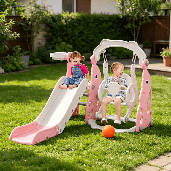 YUFU 4-in-1 Toddler Slide and Swing Set for Kids Ages 1-3, Indoor Outdoor Playground with Basketball Hoop, Climber Playset for Backyard Nursery, Easy Assembly