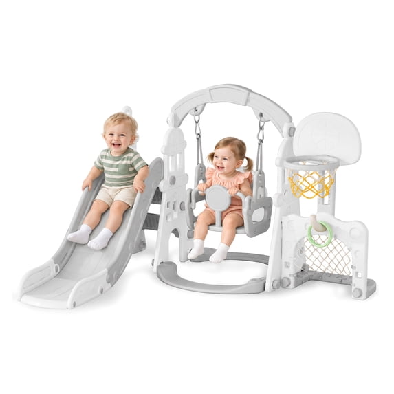 XJD 5-in-1 Kids Slide and Swing Set, Climber Slide PlaySet with Basketball Hoop and Ball,Outdoor Indoor Playground for Toddlers 1-3 Gray