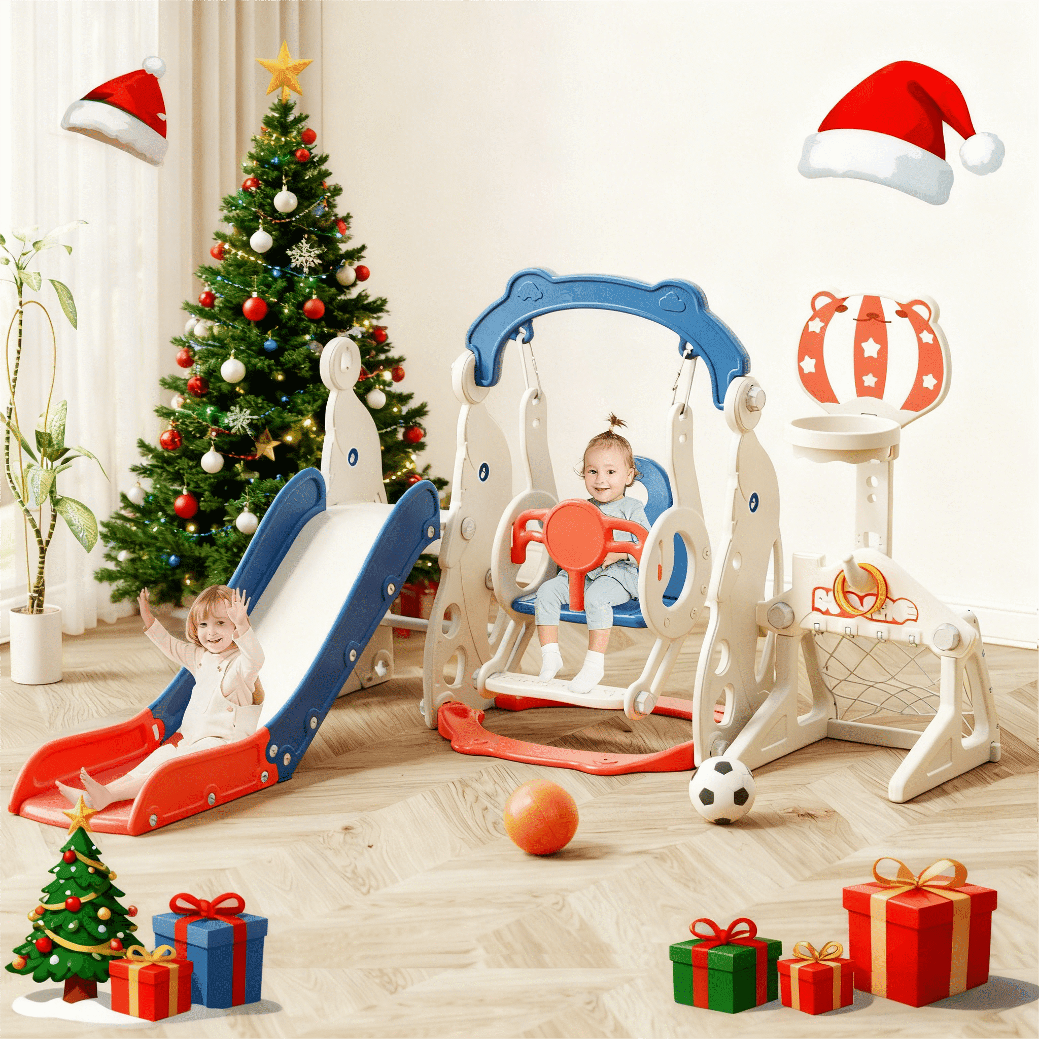 YUFU 6 In 1 Toddler Slide & Swing Set Indoor Outdoor Use for Kids 1+ with Swing Football Basketball Ring Toss Indoor Outdoor Use