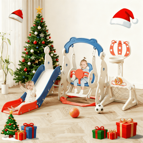 YUFU 6 In 1 Toddler Slide & Swing Set Indoor Outdoor Use for Kids 1+ with Swing Football Basketball Ring Toss Indoor Outdoor Use