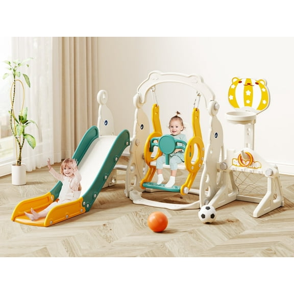YUFU 6 In 1 Toddler Slide & Swing Set for Kids 1+ with Swing Football Basketball Ring Toss Indoor Outdoor Use