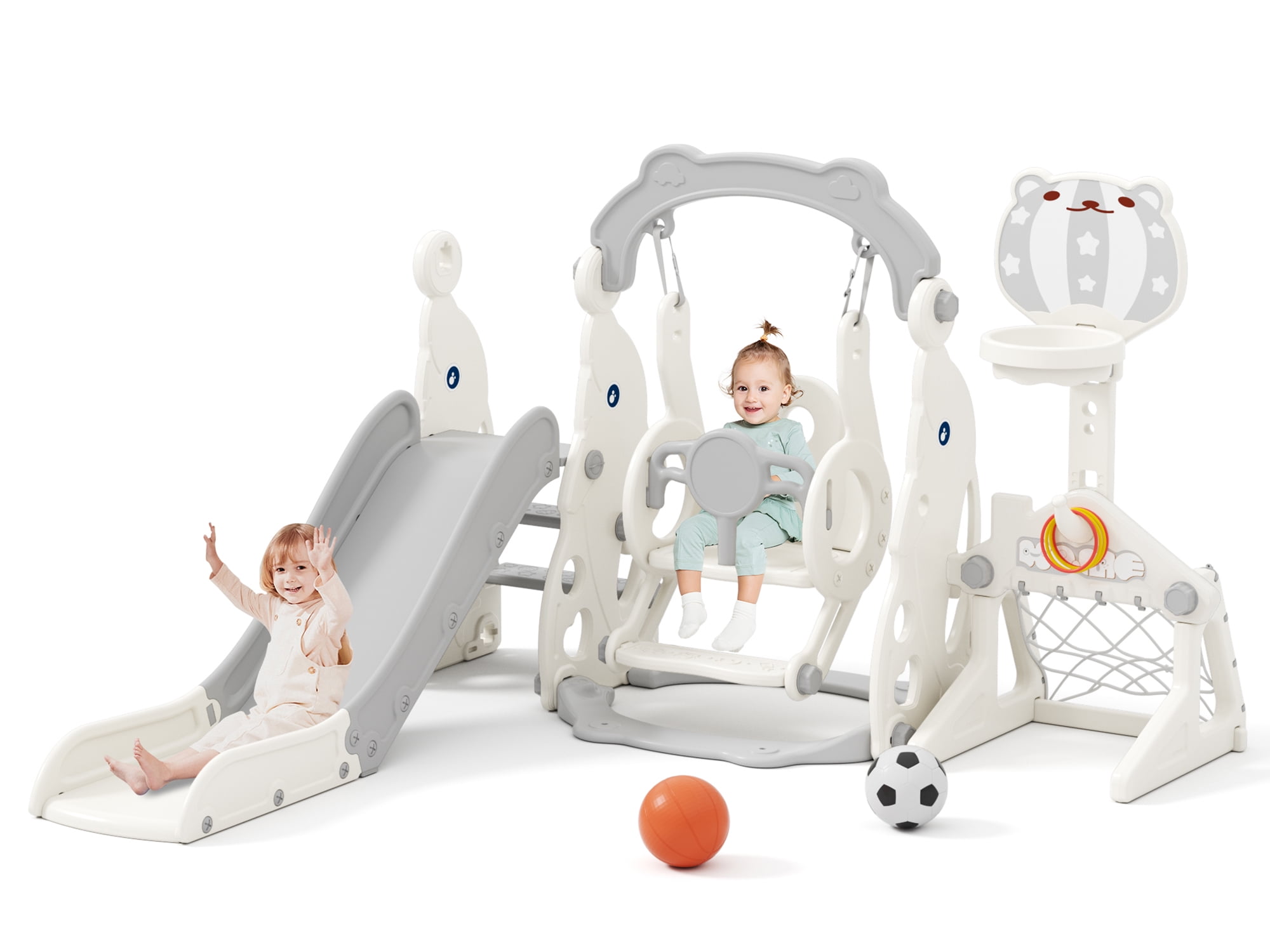 YUFU 6 In 1 Toddler Slide & Swing Set for Kids 1+ with Swing Football Basketball Ring Toss Indoor Outdoor Use
