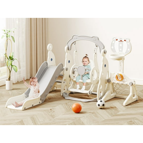 YUFU 6 In 1 Toddler Slide & Swing Set for Kids 1+ with Swing Football Basketball Ring Toss Indoor Outdoor Use