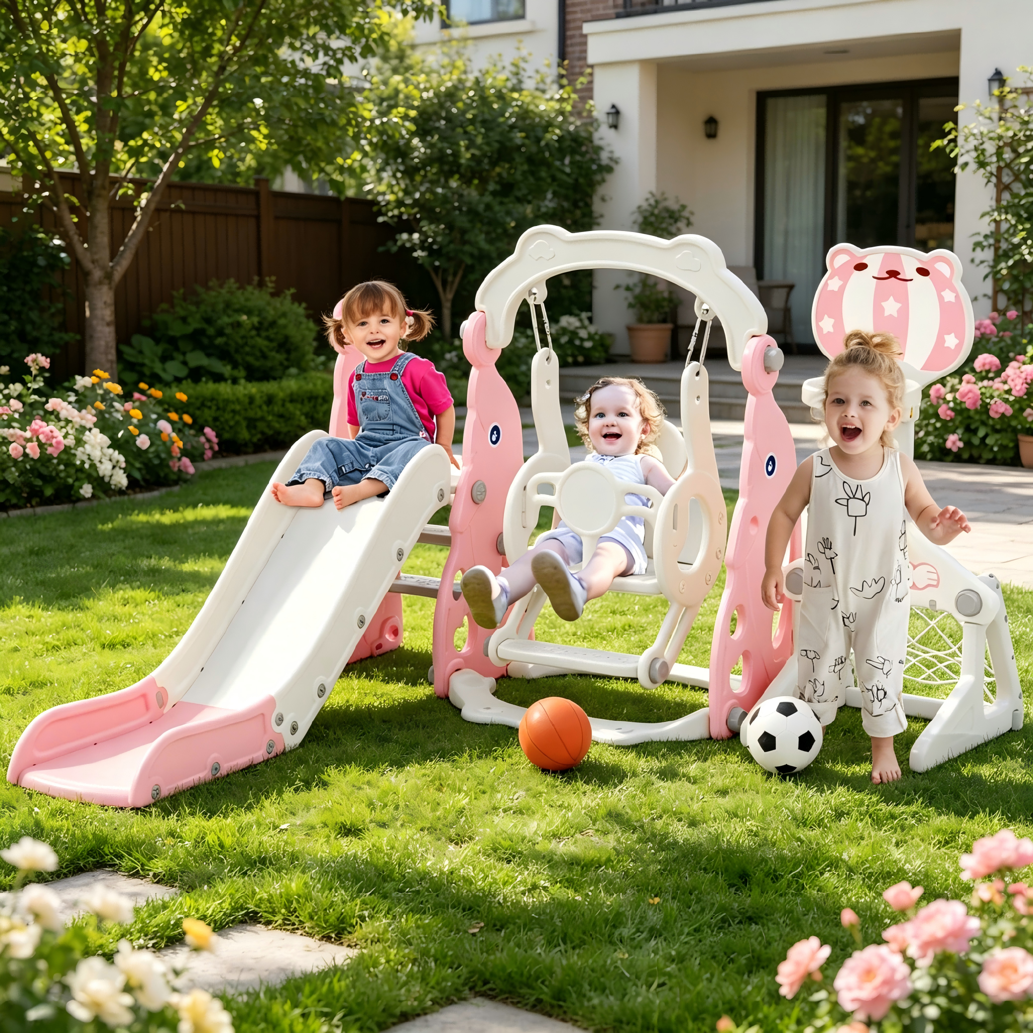 YUFU 6-in-1 Toddler Slide and Swing Set for Kids Ages 1+, Indoor Outdoor Playground with Football, Basketball Hoop and Ring Toss, Baby Climber Playset for Backyard