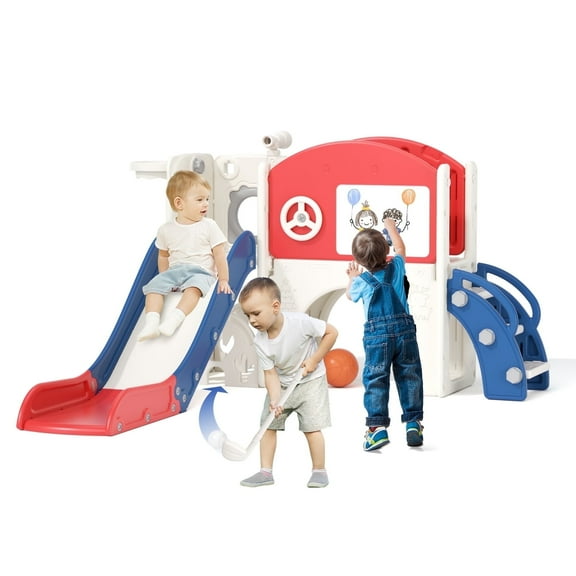YUFU 8 In 1 Toddler Slide Set for Kids Age 1+ with Golf Basketball Hoop Drawing Board Indoor Outdoor Playset (Blue＆Red)