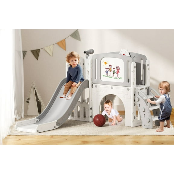 YUFU 8 in 1 Kids Slide Set with Climber for Indoor Outdoor for Age 1+, White＆Gray