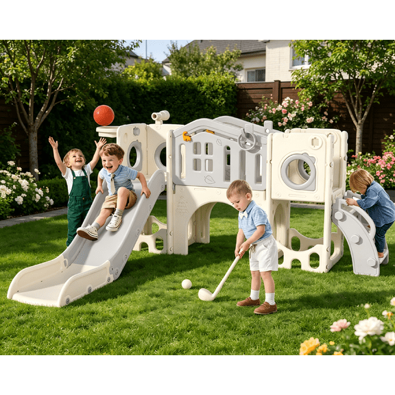 YUFU 9-IN-1 Toddler Slide Set, Indoor Outdoor Slide for Baby Age 1+, Playground Slide with Basketball Hoop Ring Toss Golf