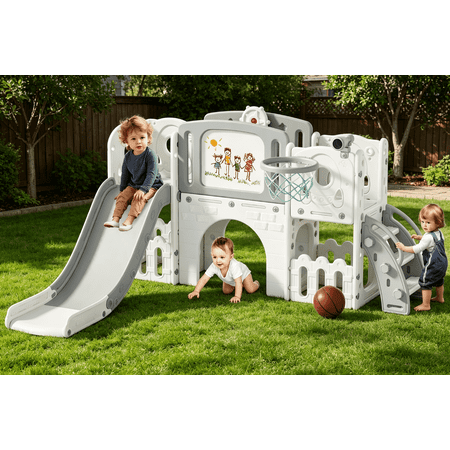 YUFU 9-in-1 Toddler Slide Set for Indoor and Outdoor Play for Age 1+, White Gray