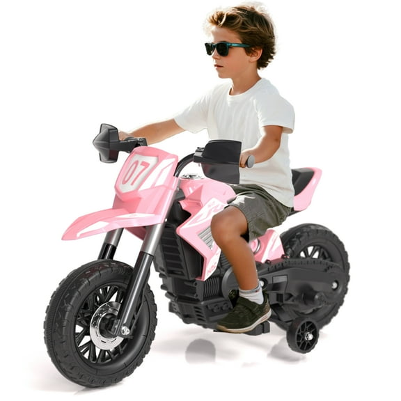 YUFU Kids 12V Motorcycle Electric Ride-Ons Toy for for kids age 3+ with training wheels & Foot Pedal Battery-Powered Chopper with Horn Anti-slip Comfortable seat Easy Assembly Gift for boys girls