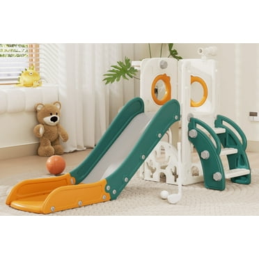 YUFU 7 In 1 Toddler Slide With Golf Basketball for Kids Age 1  Indoor Outdoor Playground Slide Set(Green＆Yellow)
