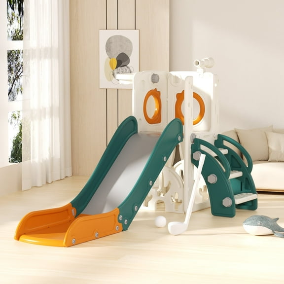 YUFU 7 In 1 Toddler Slide for Kids Age 1-3 Indoor Outdoor Playground Slide Set With Golf Basketball Easy Assemable Move (Yellow & Green)