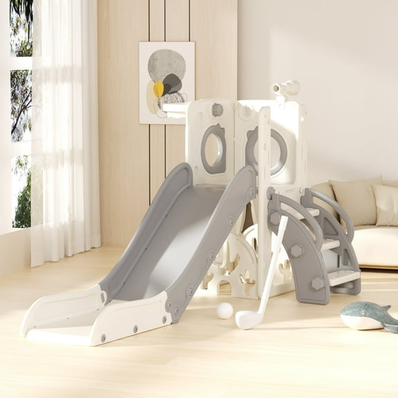 YUFU 7 In 1 Toddler Slide for Kids Age 1-3 Indoor Outdoor Playground Slide Set With Golf Basketball Easy Assemable Move (Gray)
