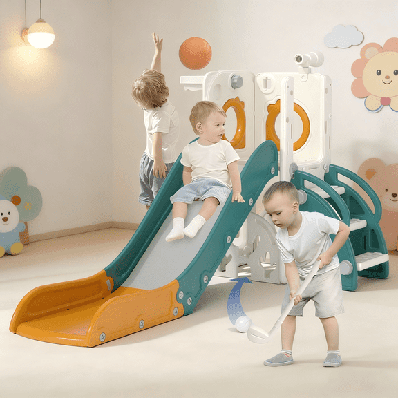 YUFU 7 In 1 Toddler Slide for Kids Age 1-3 Indoor Outdoor Playground Slide Set With Golf Basketball Easy Assemable Move (Yellow & Green)