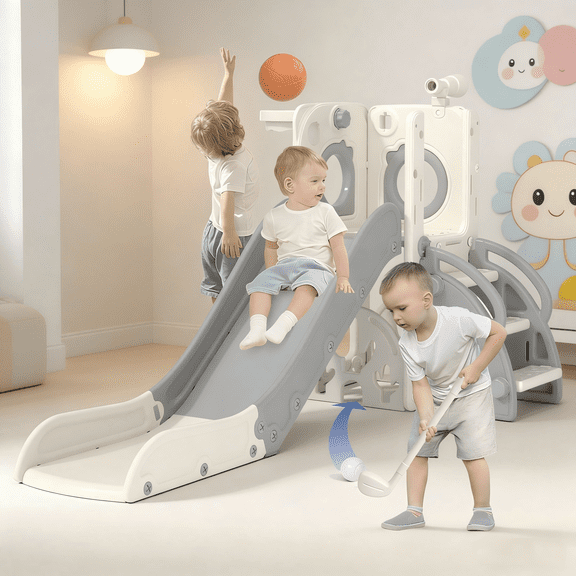 YUFU 7 In 1 Toddler Slide for Kids Age 1-3 Indoor Outdoor Playground Slide Set With Golf Basketball Easy Assemable Move (Gray)