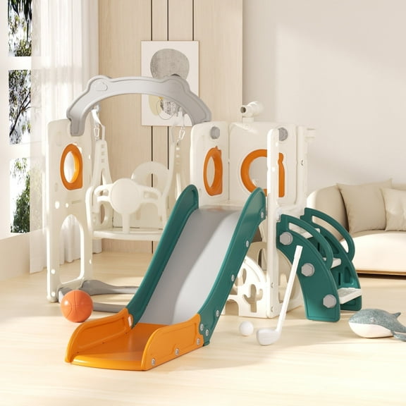 YUFU Toddler Slide & Swing Set with Golf Basketball Hoop for Indoor Outdoor
