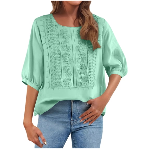 YUGYXL 1/4 Sleeve Cotton Linen Shirt for Women Retro Spring Summer Crewneck Embroidery Gauze Peasant Blouse Green M
