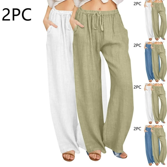 YUGYXL 2 Pack Cotton Linen Beach Pants for Women 2025 Summer Wide Leg Pants with Pockets Stretch Waist Drawstring Straight Pants White XL