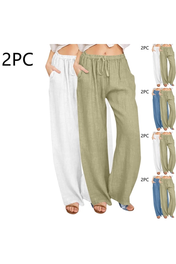 2 Pack Cotton Linen Beach Pants for Women 2025 Summer Wide Leg Pants with Pockets Stretch Waist Drawstring Straight Pants White XXL