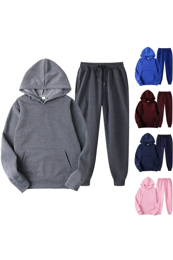 2 Piece Activewear Outfits for Women Loose Fit Solid Color Hoodie Sweatshirt and Drawstring Sweatpants Plus Size Jogger Tracksuit Set Lightning Today Blue,M