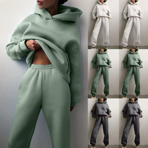 YUGYXL 2 Piece Activewear Outfits for Women Oversized Solid Color Hoodie Sweatshirt and Loose Sweatpants Thin Fleece Jogger Tracksuit Set Gift for Mom Green,M