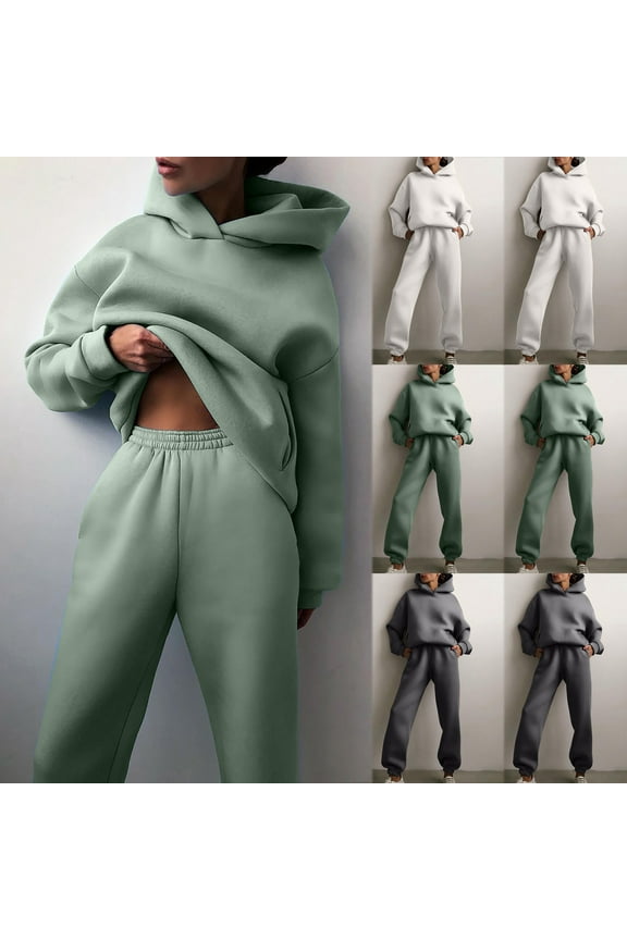 2 Piece Activewear Outfits for Women Oversized Solid Color Hoodie Sweatshirt and Loose Sweatpants Thin Fleece Jogger Tracksuit Set Lightning Today Dark Gray,L