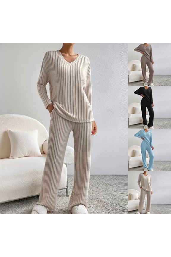 2 Piece Knitwear Suits for Women Lightweight Comfy Knit Ribbed Outfits Fashion V-Neck Solid Sweater and Straight Leg Pants Textured Set Today 2025 Khaki,XL