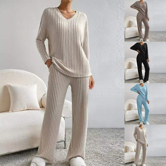 YUGYXL 2 Piece Knitwear Suits for Women Lightweight Comfy Knit Ribbed Outfits Fashion V-Neck Solid Sweater and Straight Leg Pants Textured Set Black,L