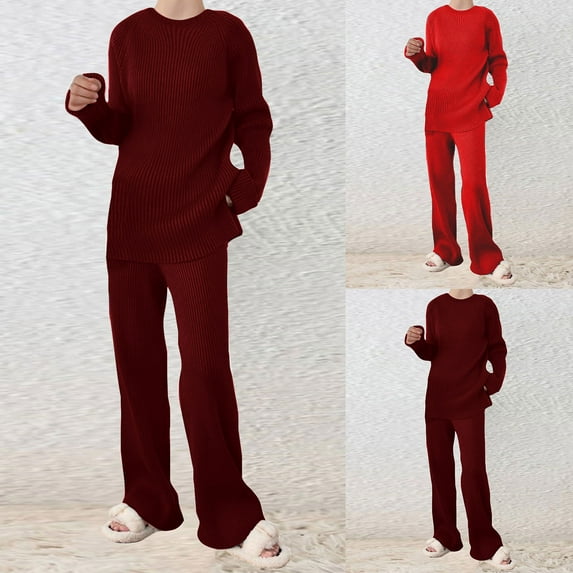 YUGYXL 2 Piece Knitwear Suits for Women Lightweight Comfy Plus Size Outfits Fashion Crew Neck Solid Sweater and Soft Pants Knit Ribbed Set Gift for Girlfrind Wine,XXL