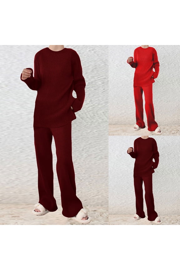 2 Piece Knitwear Suits for Women Lightweight Comfy Plus Size Outfits Fashion Crew Neck Solid Sweater and Soft Pants Knit Ribbed Set Today's Red,S
