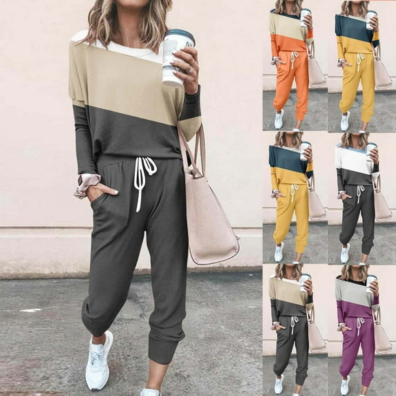 YUGYXL 2 Piece Lounge Outfits for Women Fashion Crew Neck Color Block Sweatshirt and Solid Loose Sweatpants Plus Size Tracksuits Set Today 2025