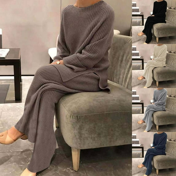 YUGYXL 2 Piece Loungewear Outfits for Women Solid Color Knit Ribbed Sets Fashion Stripe Textured Shirt and Wide Leg Pants Plus Size Lounge Set Today's Gray,L