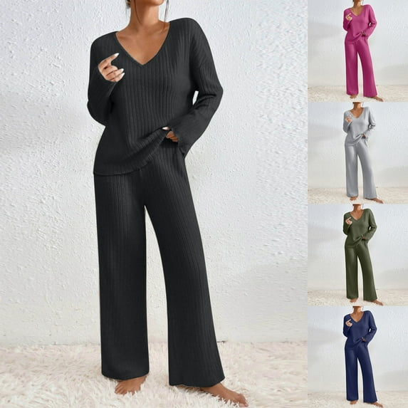 YUGYXL 2 Piece Loungewear Outfits for Women Solid Color Knit Sets Fashion V-Neck Ribbed Knitwear Waist Stretch Wide Leg Pants Lounge Set Fall Savings Navy,L