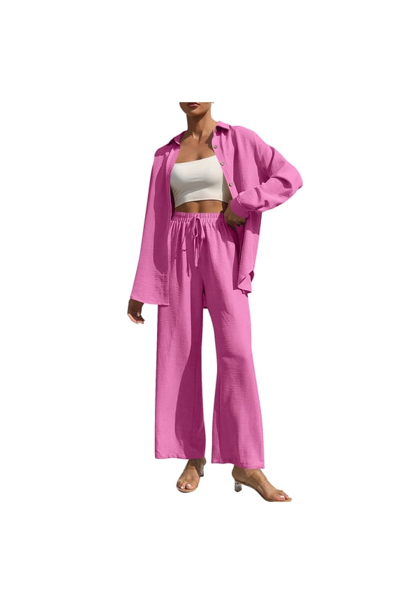 2 Piece Outfits for Women Casual Lounge Sets Long Sleeve Button Down Shirts Wide Leg Pants Sets Tracksuit Hot Pink M