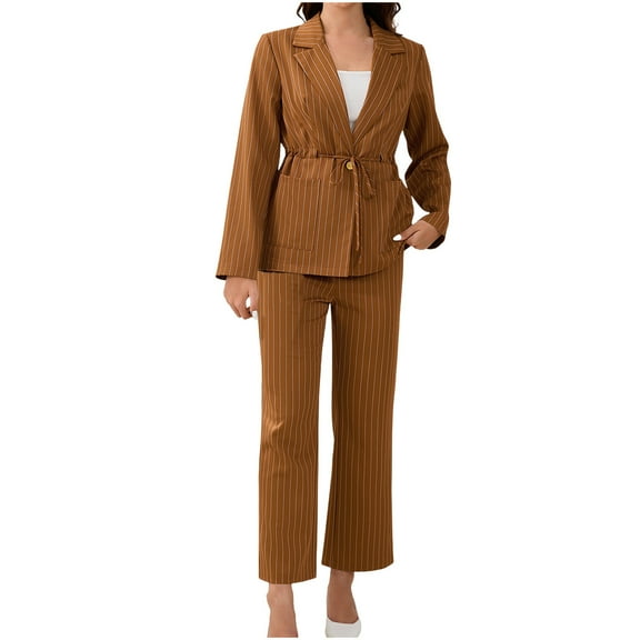 YUGYXL 2 Piece Outfits for Women Dressy Striped Blazers Suit Jackets High Waisted Straight Leg Pants Business Casual Suits Khaki XL