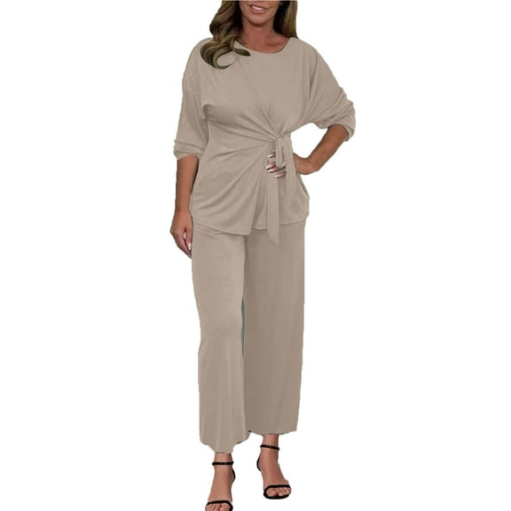 YUGYXL 2 Piece Outfits for Women Elegant Ruched Tie Side Blouse Straight Pants Long Sleeve Business Casual Suits Beige M